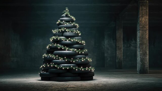 Creative christmas tree made of stacked tires with twinkling lights in industrial setting