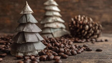 Rustic wooden christmas trees with coffee beans and pine cones on wooden background - Powered by Adobe
