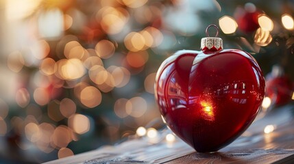 Cozy heart shaped red ornament on wooden table with fairy lights for valentine   s day decor