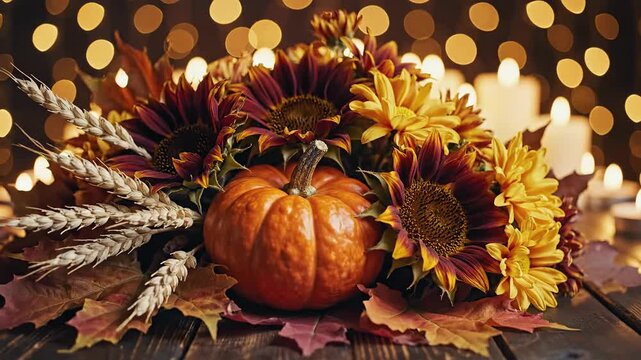 Autumn harvest floral arrangement with pumpkin and sunflower decorations