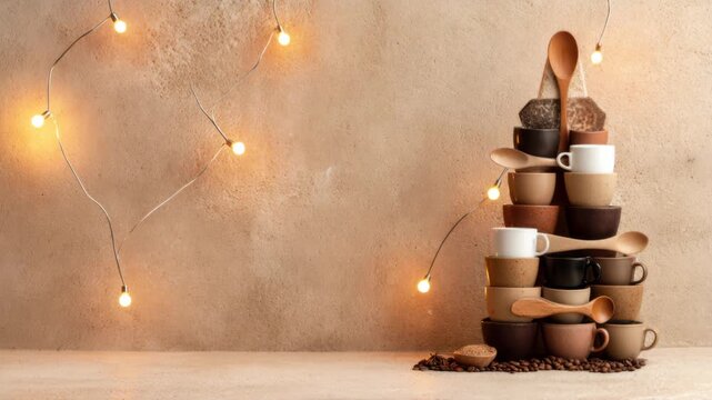 Warm rustic coffee corner with stacked mugs, spoons, and ambient string lights