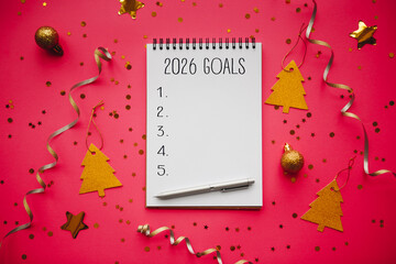 2026 goals list with festive decorations on blue background. Creative New Year planning and resolution concept with copy space for motivational or holiday-themed projects.