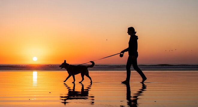 Peaceful Silhouette of Person and Dog on Beach at Sunset
A serene, low-angle silhouette captures a person walking their dog on a wet beach at sunset. The warm, glowing sun is near the horizon - Powered by Adobe