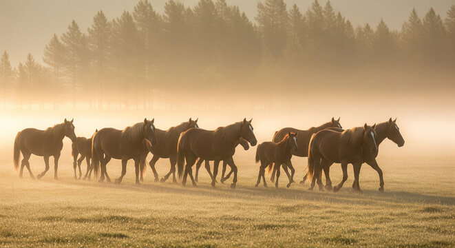 Wild Horses Running in Misty Morning Light
A group of beautiful brown horses, including mares and foals, are walking or trotting across a grassy field - Powered by Adobe
