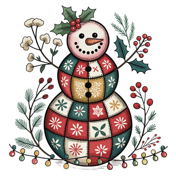 A charming snowman composed of patchwork patterns stands against a gray background.