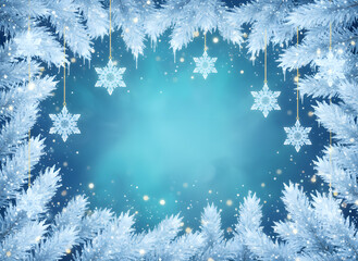 Frosty winter background with icy blue pine branches and delicate snowflake ornaments forming a festive frame. Sparkling snowfall and soft bokeh create a serene seasonal holiday atmosphere