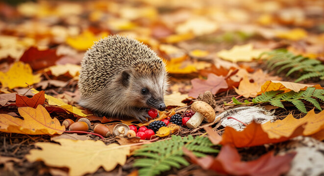 Autumn Harvest: Hedgehog Foraging for Berries in Colorful Fall Leaves.
An enchanting wildlife image capturing a small European hedgehog (Erinaceus europaeus) foraging on the ground in a forest