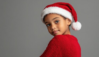 Young child wearing festive holiday headwear and knitted garment looks over shoulder against neutral background