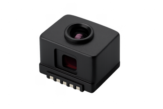 Black camera module with lens and sensor on transparent background