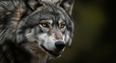 Wild Intensity: Close-up Portrait of a Grey Wolf with Amber Eyes.
A powerful and intense close-up portrait of a magnificent grey wolf (Canis lupus). The wolf's face is captured in sharp detail