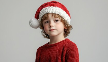 Young child with curly hair wears a red and white knitted festive cap and matching sweater against a plain background