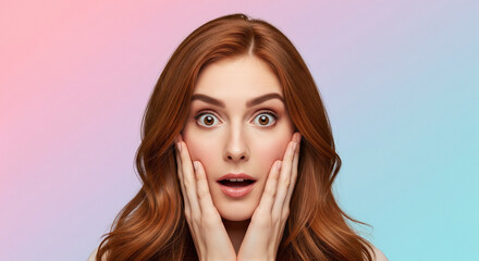 Astonished redhead woman with hands on cheeks, showing strong surprise
A vibrant, striking portrait of a young woman with bright red hair and a deeply shocked expression