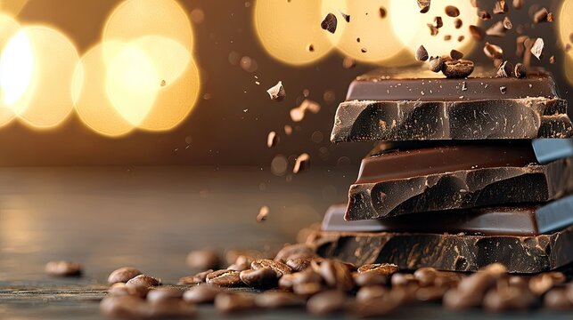 Close-up of stacked chocolate bars with coffee beans falling, set against a blurred background with bokeh lights, creating a warm and inviting atmosphere.