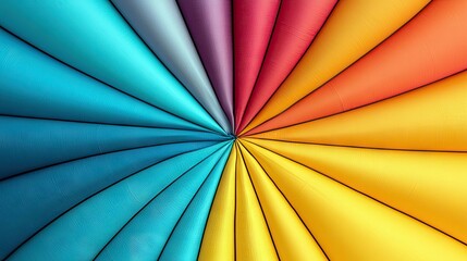 An abstract image featuring a radial pattern of colorful fabric, radiating from a central point. The fabric is arranged in segments of various colors.