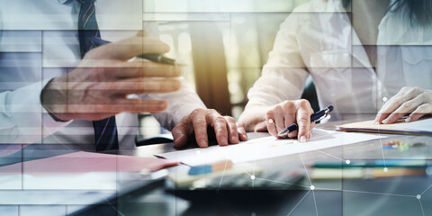 Senior manager working with executive assistant, double exposure, light effect, geometric pattern