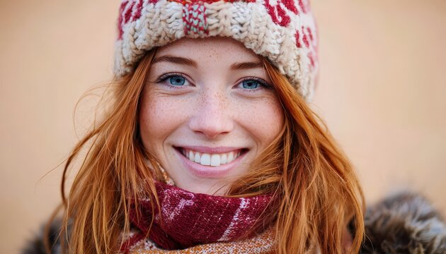 Young woman with red hair and blue eyes beams cheerfully while wearing winter accessories