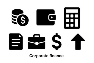 Corporate Finance Icons Representing Financial Tools and Resources on a White Background