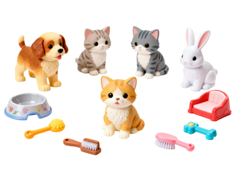 Set of Small Pet Toys with accessories, including a rabbit, cats, and a dog with brushes. For imaginative children's play.