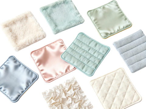 Set of Small, Square Sensory Fabrics in pastel colors. A tactile toy for baby and toddler development.