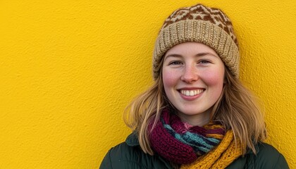 Young woman wearing knitted winter attire smiles brightly against a vibrant yellow wall