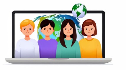 Diverse team gathering on video call with slowly rotating globe in background - Powered by Adobe