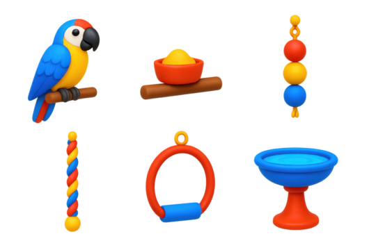 Colorful assortment of toys and accessories for a pet bird