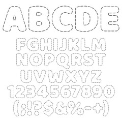 Font, alphabet from thread stitches. Isolated vector objects on white background.