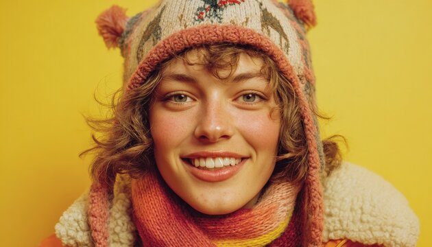 Young woman with curly hair smiles wearing warm knitted winter attire against a vibrant backdrop