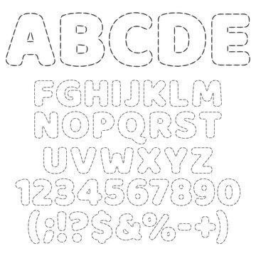 Font, alphabet from thread stitches. Isolated vector objects on white background.