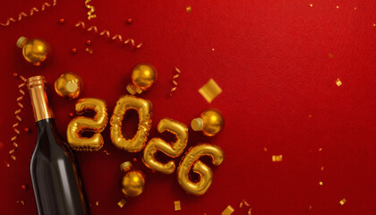 Golden 2026 balloons and confetti and champagne on a festive background