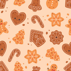 Seamless pattern with cute gingerbread cookies. Holiday pastry, cookies. Design for banner, wallpaper, wrapping paper, background, card, poster. Vector illustration in flat style