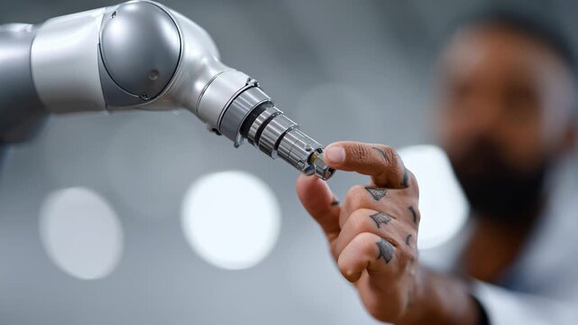 Engineering technician operating collaborative robot arm in modern factory