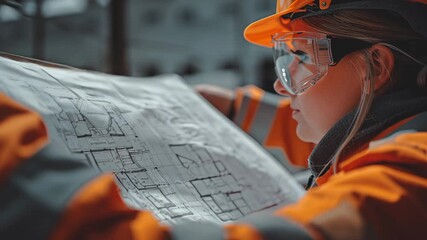 A construction worker carefully examines detailed blueprints while wearing safety gear in a busy work environment