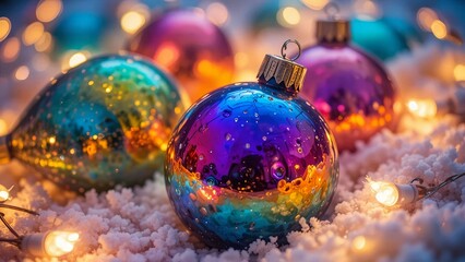 Iridescent rainbow Christmas baubles nestled in snow with warm fairy lights bokeh