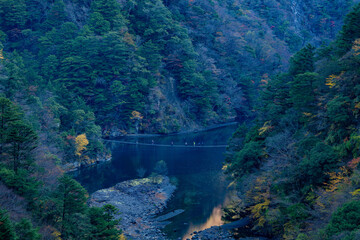 Autumn Dream Suspension Bridge over Emerald Lake in Sumatakyo, Japan