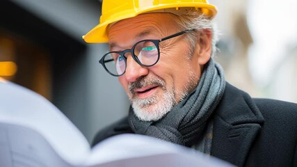 Elderly builder examines blueprints with a smile, showcasing passion for construction in a lively urban environment