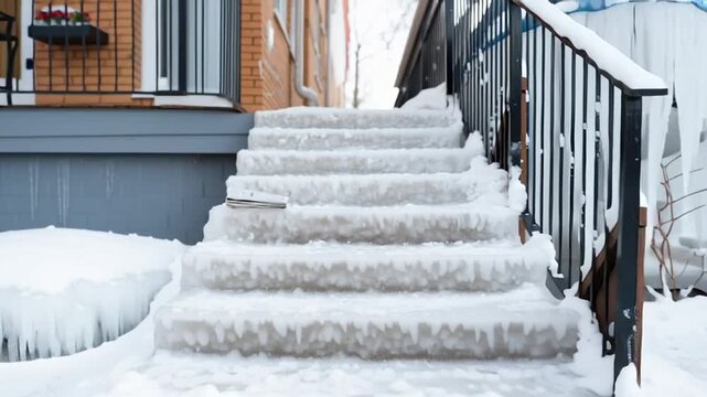 Hazardous outdoor stairs covered in ice after a winter storm. A newspaper sits on the frozen, slippery steps. Extreme cold weather and dangerous conditions concept