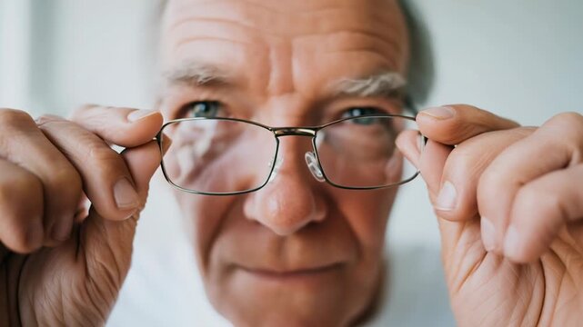 An elderly man holds his glasses, bringing his eyes into sharp focus. A close-up on improving vision and clarity. Aging and eyesight health concept