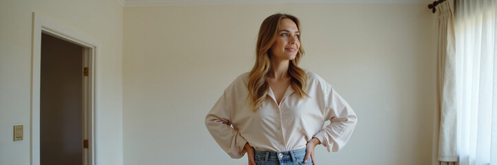 Woman in empty room looks pensive, enjoying moment of solitude. Woman in empty room contemplates future in new house, with blank wall providing opportunity for fresh start.