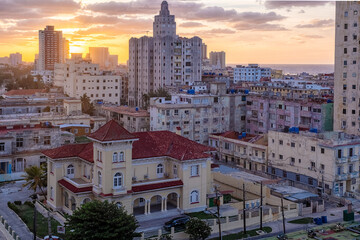 Aerial view of the city of Havana at sunset