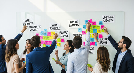 Diverse team brainstorming whimsical ideas with colorful sticky notes.
A collaborative scene showing a diverse group of seven business professionals (men and women) actively participating 