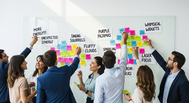 Diverse team brainstorming whimsical ideas with colorful sticky notes.
A collaborative scene showing a diverse group of seven business professionals (men and women) actively participating 