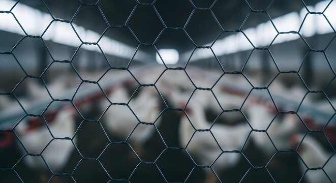 Wire fence enclosing a poultry farm with blurry chickens in the background for avian influenza biosecurity concept and disease containment with shallow depth of field