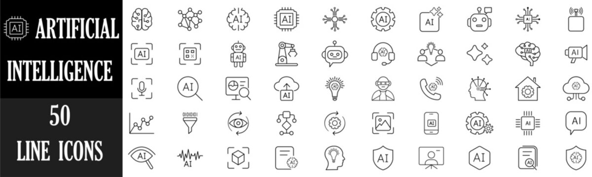 AI line icon set. Artificial intelligence and future tech icons with machine learning, neural network, algorithm, automation, chatbot, analytics and innovation symbols for tech projects