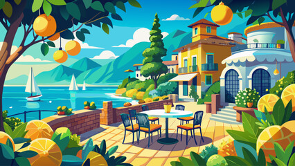 Cinematic Italian seaside café surrounded by lemon trees, overlooking the bright turquoise Mediterranean coast. Warm summer mood, relaxed terrace setting, ideal for travel concepts, lifestyle imagery