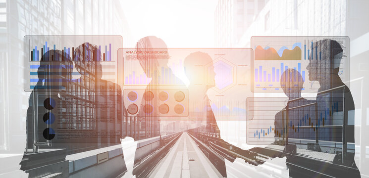 Business professionals collaborate in a modern office, engaging in data analysis with digital graphs, highlighting teamwork, innovation, and forward-thinking strategies. Gantry