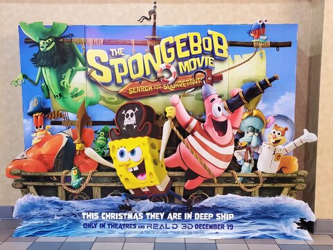 Wilmington, Delaware, U.S - Nov 30, 2025 - The promotional display for SpongeBob Movie, premiering December 19 in theaters and RealD 3D this Christmas.
