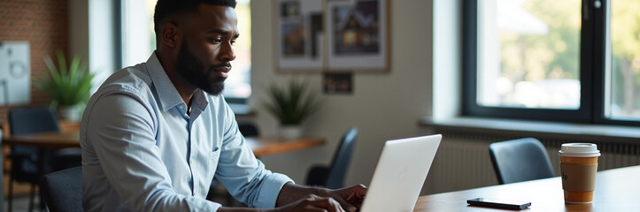African American man using laptop, browsing Internet in modern office setting, connecting with global world, and getting things done. African American man concentrating,