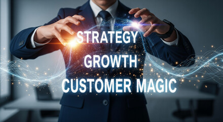 Businessman Manifesting Core Strategy, Growth, and Customer Magic Concepts.
A compelling, digitally enhanced image of a business professional, dressed in a sharp suit and tie