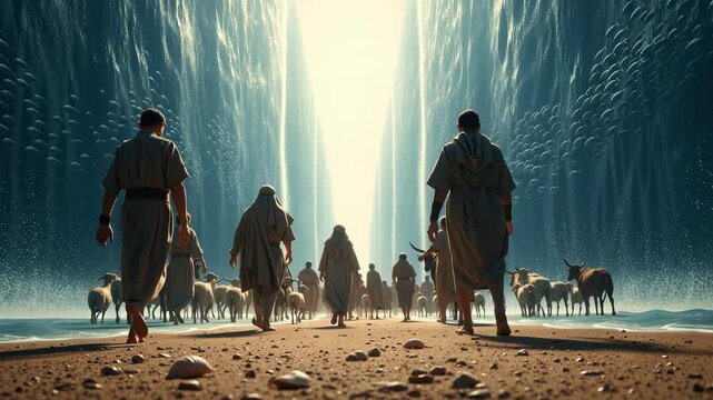 Moses leads the Israelites through the parted Red Sea. Biblical story of the Exodus and liberation. Divine miracle of faith and the journey to freedom